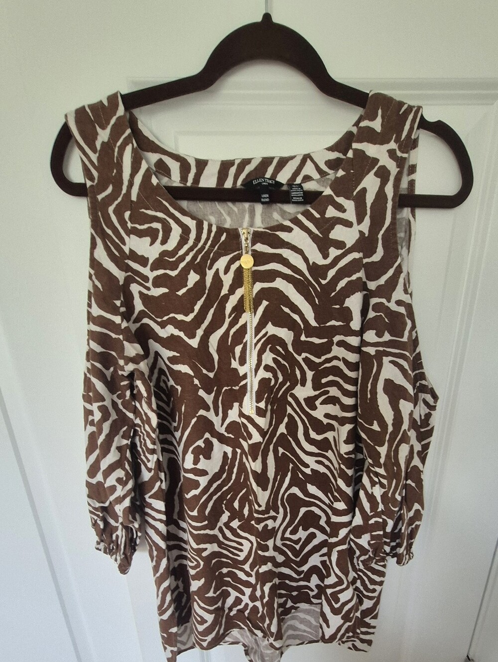 Ellen Tracy Brown and White Zebra Cold-Shoulder Tunic with Front Zip